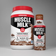 Muscle Milk protein powder and RTD render